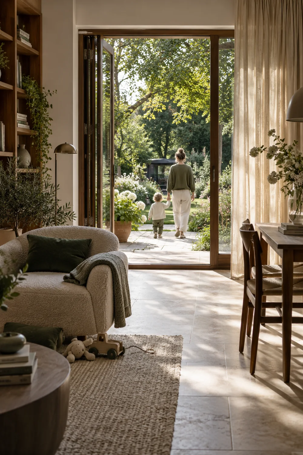 Illustratives Bildmotiv: ein Elternteil mit Kind auf dem Weg vom Zuhause in den Garten