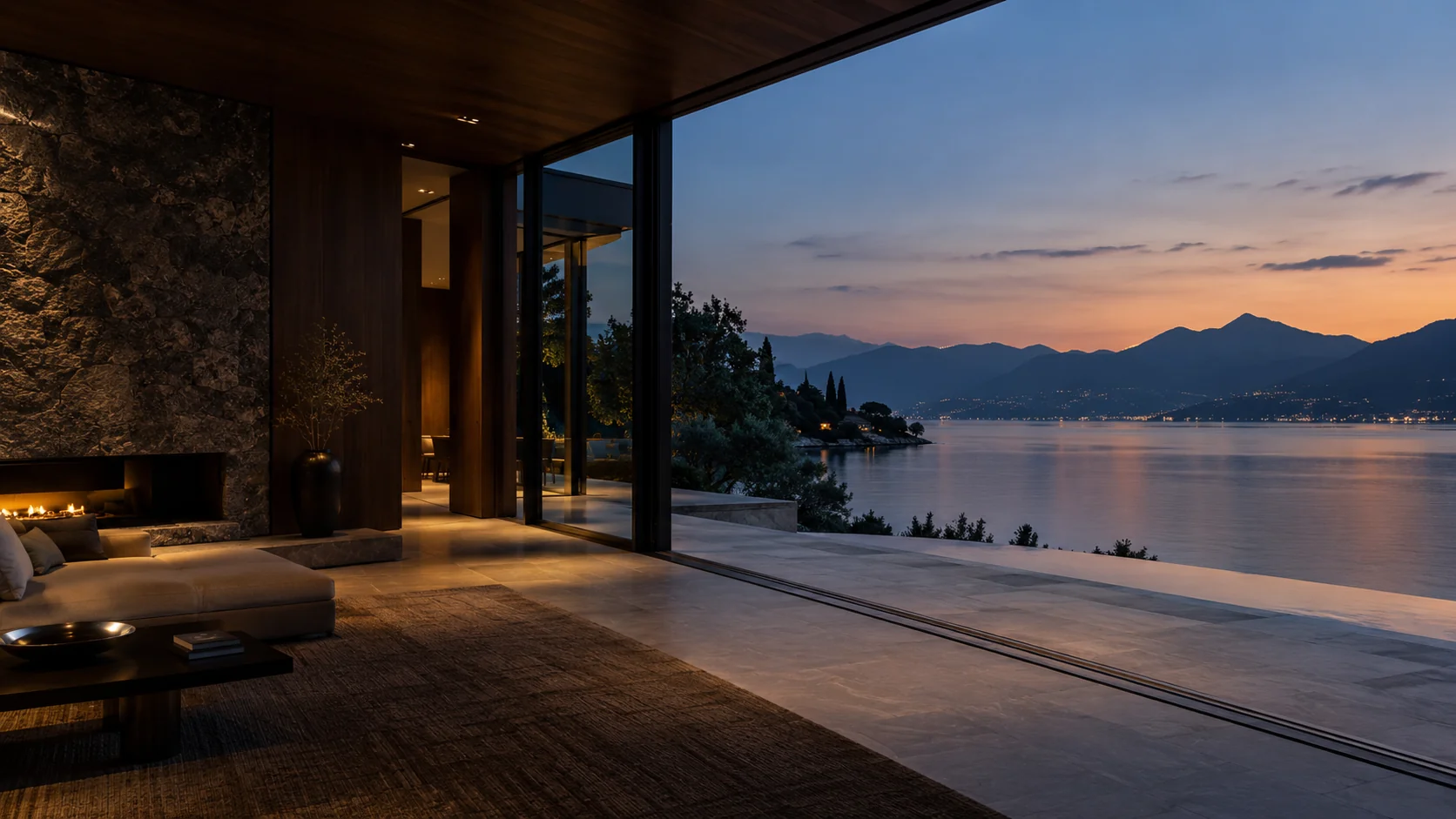 Atmosphärisches Bildmotiv mit Architektur und ruhigem See