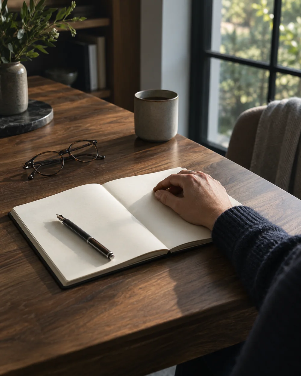 Illustratives Bildmotiv: offenes Notizbuch, Stift und eine ruhende Hand auf einem Holztisch